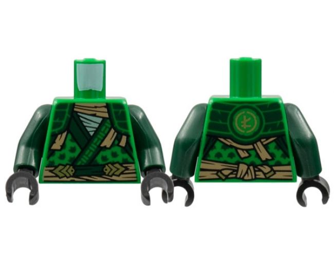 Torso Tunic, Dark Green Hems and Shoulder Pads, Tan Tattered Scarf and Sash, Gold Ninjago Logogram 'L' on Back Pattern / Dark Green Arms / Black Hands
