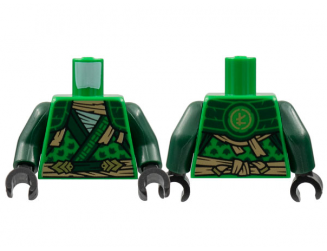 Torso Tunic, Dark Green Hems and Shoulder Pads, Tan Tattered Scarf and Sash, Gold Ninjago Logogram 'L' on Back Pattern / Dark Green Arms / Black Hands