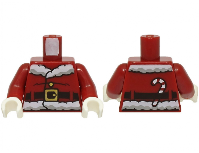 Torso Santa Jacket with White Fur Collar and Waistband, Black Creases and Belt with Gold Buckle, Candy Cane on Back Pattern (BAM) / Dark Red Arms / White Hands