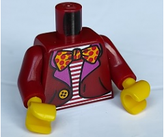 Torso Jacket with Dark Pink Lapels and Bright Light Orange Button over Shirt with Red and White Stripes, Bow Tie with Polka Dots Pattern (BAM) / Dark Red Arms / Yellow Hands