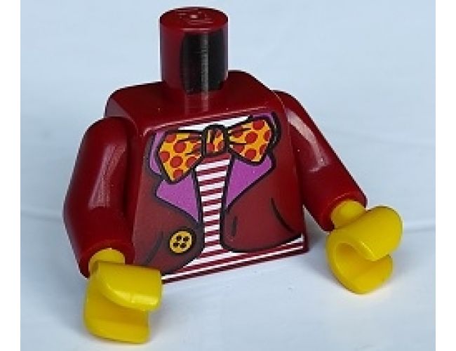 Torso Jacket with Dark Pink Lapels and Bright Light Orange Button over Shirt with Red and White Stripes, Bow Tie with Polka Dots Pattern (BAM) / Dark Red Arms / Yellow Hands