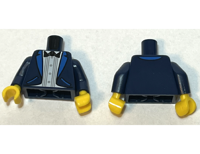 Torso Tuxedo Jacket with Blue Lapels and Pockets, White Shirt, Black Bow Tie Pattern (BAM) / Dark Blue Arms / Yellow Hands