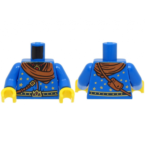 Torso Wizard Robe with Gold and Dark Blue Belt, Stars, Dark Orange Bandana and Shoulder Bag, Necklace Pattern (BAM) / Blue Arms / Yellow Hands