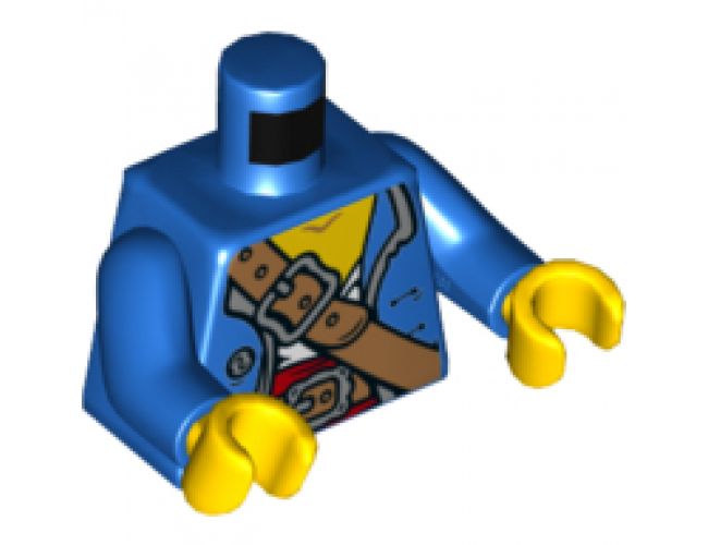 Torso Pirate Open Jacket with Silver Collar and 3 Buttons over Red and Bright Light Blue Shirt, Dark Tan Crossbelt Pattern / Blue Arms / Yellow Hands
