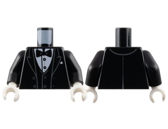 Torso Tuxedo Jacket Open with Dark Bluish Gray Outlined Lapels over Vest and White Shirt with Silver Buttons, Bow Tie, Pocket Square Pattern / Black Arms / White Hands