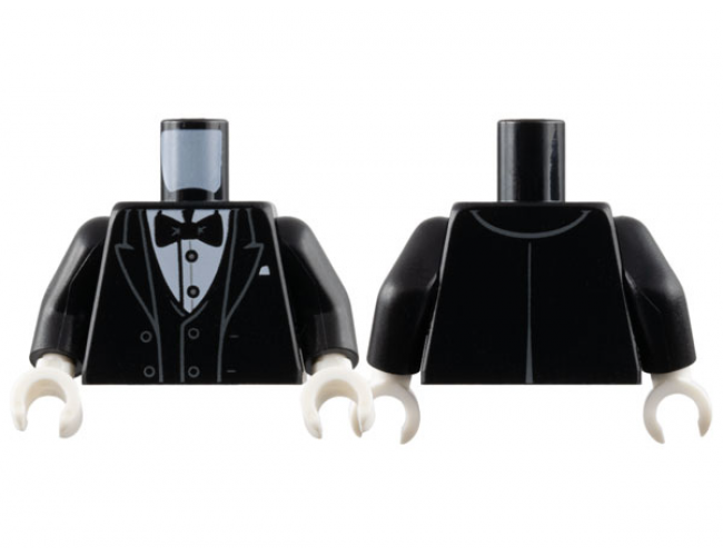 Torso Tuxedo Jacket Open with Dark Bluish Gray Outlined Lapels over Vest and White Shirt with Silver Buttons, Bow Tie, Pocket Square Pattern / Black Arms / White Hands
