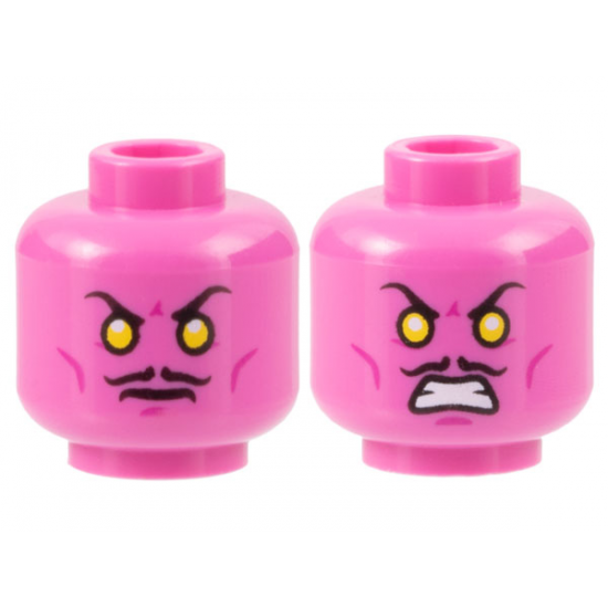 Minifigure, Head Dual Sided Thin Black Moustache, Yellow Eyes, Magenta Cheek Lines and Chin Dimple, Frown / Bared Teeth Pattern
