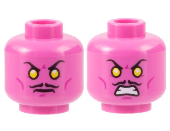 Minifigure, Head Dual Sided Thin Black Moustache, Yellow Eyes, Magenta Cheek Lines and Chin Dimple, Frown / Bared Teeth Pattern