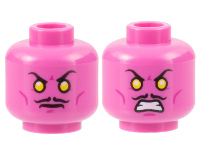 Minifigure, Head Dual Sided Thin Black Moustache, Yellow Eyes, Magenta Cheek Lines and Chin Dimple, Frown / Bared Teeth Pattern
