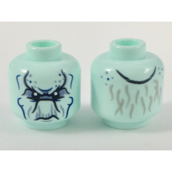 Minifigure, Head Alien with Black Eyes and Contours, Sand Blue Spots and Wrinkles, Dark Blue Cheek Lines, and Light Bluish Gray Thin Hair on Back Pattern