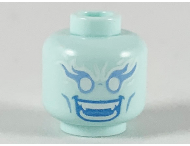 Minifigure, Head Alien Female Bright Light Blue Long Eyelashes and Cheek Lines, White Eyes, Blue Open Mouth Smile with Teeth Parted and Fangs Pattern
