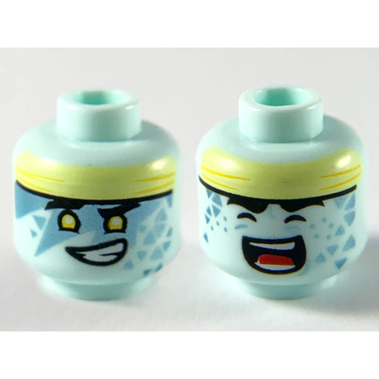 Minifigure, Head Dual Sided Alien with Bright Light Yellow Headband, Black Eyebrows, Yellow Eyes, Metallic Light Blue Face Paint Triangles, Lopsided Open Mouth Smile with Teeth / Closed Eyes and Singing Pattern