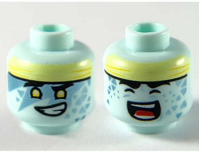 Minifigure, Head Dual Sided Alien with Bright Light Yellow Headband, Black Eyebrows, Yellow Eyes, Metallic Light Blue Face Paint Triangles, Lopsided Open Mouth Smile with Teeth / Closed Eyes and Singing Pattern