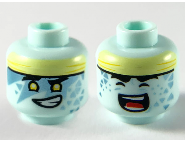 Minifigure, Head Dual Sided Alien with Bright Light Yellow Headband, Black Eyebrows, Yellow Eyes, Metallic Light Blue Face Paint Triangles, Lopsided Open Mouth Smile with Teeth / Closed Eyes and Singing Pattern