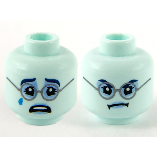 Minifigure, Head Dual Sided Female, Dark Blue Eyebrows, Bright Light Blue Around Eyes, Dark Bluish Gray Glasses, Crying / Angry Pattern