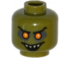 Minifigure, Head Alien Goblin with Orange Eyes, Black Eyebrows, Dark Bluish Gray Eye Shadow, and Open Mouth Smile with Pointed Teeth Pattern