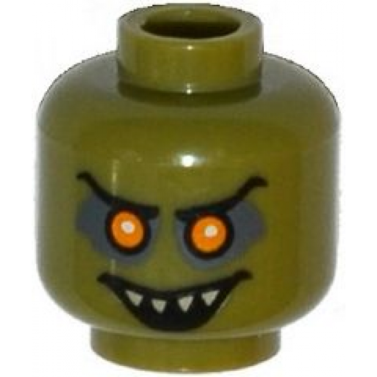 Minifigure, Head Alien Goblin with Orange Eyes, Black Eyebrows, Dark Bluish Gray Eye Shadow, and Open Mouth Smile with Pointed Teeth Pattern
