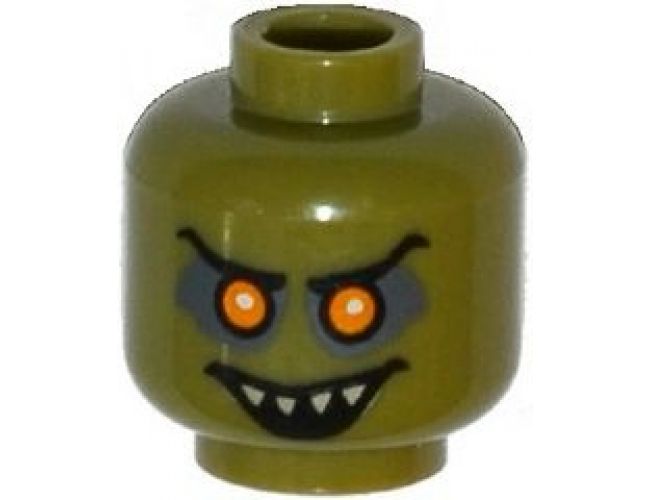 Minifigure, Head Alien Goblin with Orange Eyes, Black Eyebrows, Dark Bluish Gray Eye Shadow, and Open Mouth Smile with Pointed Teeth Pattern