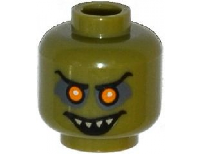 Minifigure, Head Alien Goblin with Orange Eyes, Black Eyebrows, Dark Bluish Gray Eye Shadow, and Open Mouth Smile with Pointed Teeth Pattern