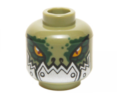Minifigure, Head Alien Chima Crocodile with Dark Green Rimmed Eyes and Metallic Silver Plates with Rivets Lower Jaw Pattern