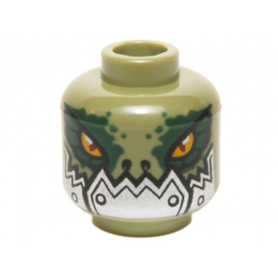 Minifigure, Head Alien Chima Crocodile with Dark Green Rimmed Eyes and Metallic Silver Plates with Rivets Lower Jaw Pattern
