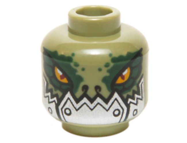 Minifigure, Head Alien Chima Crocodile with Dark Green Rimmed Eyes and Metallic Silver Plates with Rivets Lower Jaw Pattern