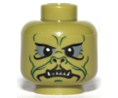 Minifigure, Head Alien SW Klatooinian with Dark Green Facial Lines, Chin Dimple and Wrinkles, Dark Bluish Gray Eye Shadow, Black Nostrils, Neutral with Sharp Lower Teeth Pattern