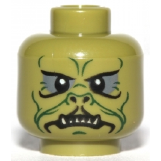 Minifigure, Head Alien SW Klatooinian with Dark Green Facial Lines, Chin Dimple and Wrinkles, Dark Bluish Gray Eye Shadow, Black Nostrils, Neutral with Sharp Lower Teeth Pattern