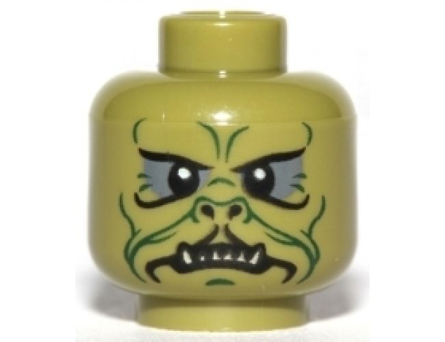 Minifigure, Head Alien SW Klatooinian with Dark Green Facial Lines, Chin Dimple and Wrinkles, Dark Bluish Gray Eye Shadow, Black Nostrils, Neutral with Sharp Lower Teeth Pattern