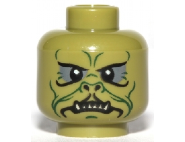 Minifigure, Head Alien SW Klatooinian with Dark Green Facial Lines, Chin Dimple and Wrinkles, Dark Bluish Gray Eye Shadow, Black Nostrils, Neutral with Sharp Lower Teeth Pattern