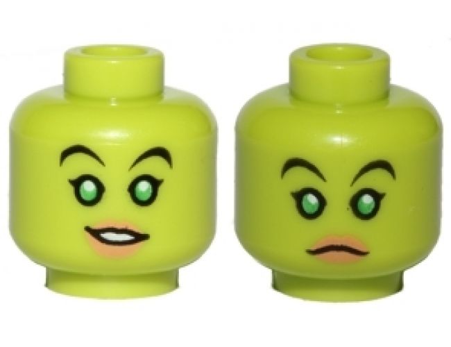 Minifigure, Head Dual Sided Alien Female SW Twi'lek with Black Eyebrows, Single Eyelashes, Bright Green Eyes, Nougat Lips, Lopsided Open Mouth Smile with Teeth / Neutral Pattern