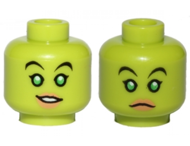Minifigure, Head Dual Sided Alien Female SW Twi'lek with Black Eyebrows, Single Eyelashes, Bright Green Eyes, Nougat Lips, Lopsided Open Mouth Smile with Teeth / Neutral Pattern
