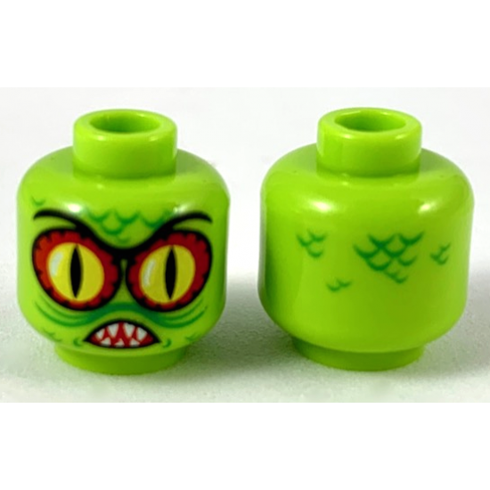 Minifigure, Head Alien with Swamp Creature with Red and Yellow Eyes with Black Outline, Pointed Teeth and Scales Pattern