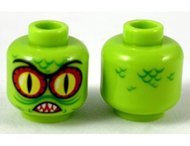 Minifigure, Head Alien with Swamp Creature with Red and Yellow Eyes with Black Outline, Pointed Teeth and Scales Pattern