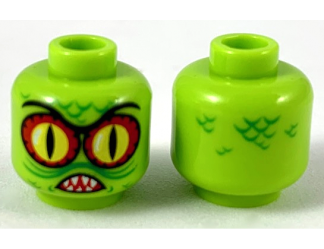 Minifigure, Head Alien with Swamp Creature with Red and Yellow Eyes with Black Outline, Pointed Teeth and Scales Pattern