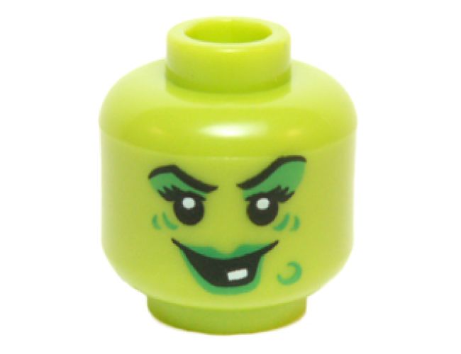 Minifigure, Head Female Green Lips, Eye Shadow, Wart and Wrinkles, Smile with White Tooth Pattern