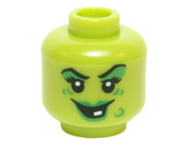 Minifigure, Head Female Green Lips, Eye Shadow, Wart and Wrinkles, Smile with White Tooth Pattern