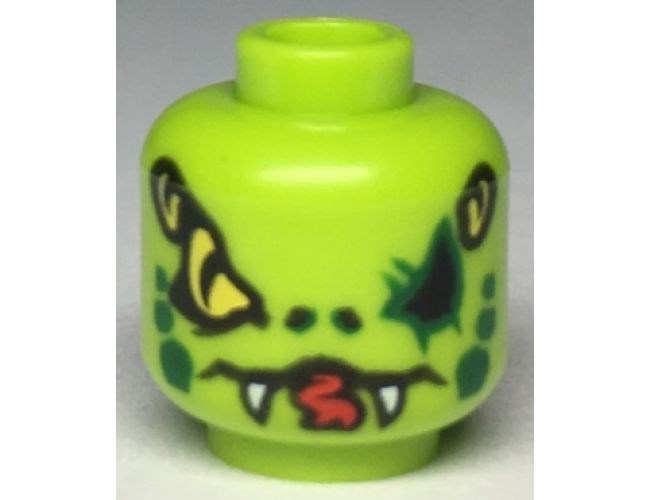 Minifigure, Head Alien with Yellow Snake Eyes and Mouth with Fangs, Dark Green Scales on Cheeks Pattern