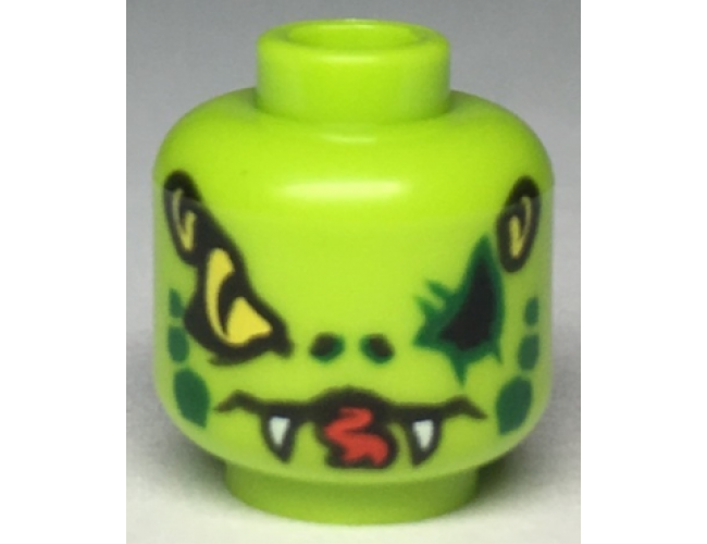Minifigure, Head Alien with Yellow Snake Eyes and Mouth with Fangs, Dark Green Scales on Cheeks Pattern
