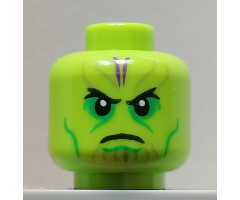 Minifigure, Head Alien Skrull with Black Eyes and Frown, Bright Green Eye Shadow and Cheek Lines, and Dark Purple Markings on Forehead Pattern