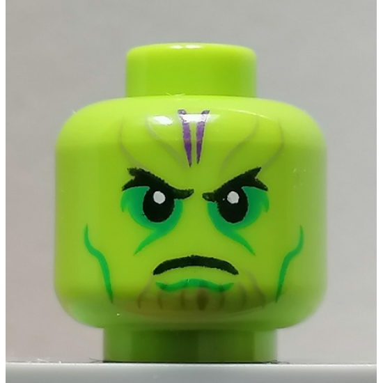 Minifigure, Head Alien Skrull with Black Eyes and Frown, Bright Green Eye Shadow and Cheek Lines, and Dark Purple Markings on Forehead Pattern