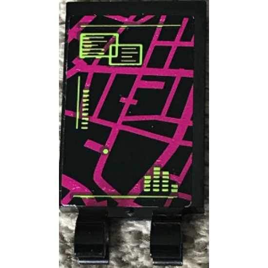 Tile, Modified 2 x 3 with 2 Clips with Magenta Map and Lime Notes Pattern 1(Sticker) - Set 79117