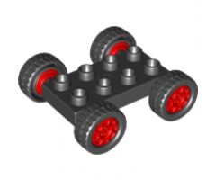 Duplo, Vehicle Car Base 2 x 4 with Fixed Axles, Black Tires and Red Wheels