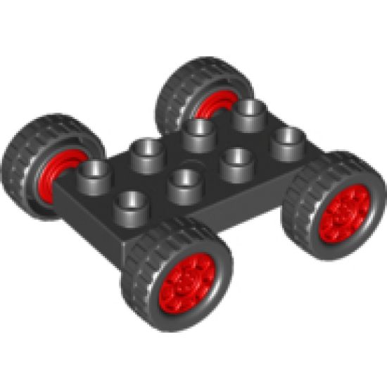 Duplo, Vehicle Car Base 2 x 4 with Fixed Axles, Black Tires and Red Wheels