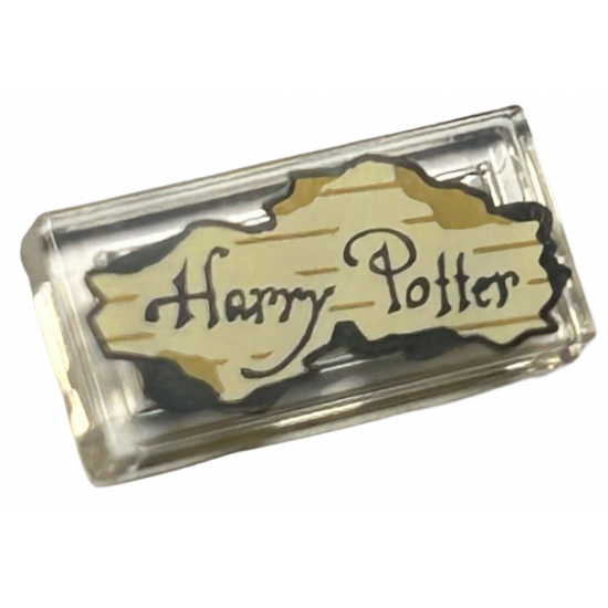 Tile 1 x 2 with Dark Brown 'Harry Potter' on Tan Parchment Paper with Dark Tan Lines and Burnt Border Pattern