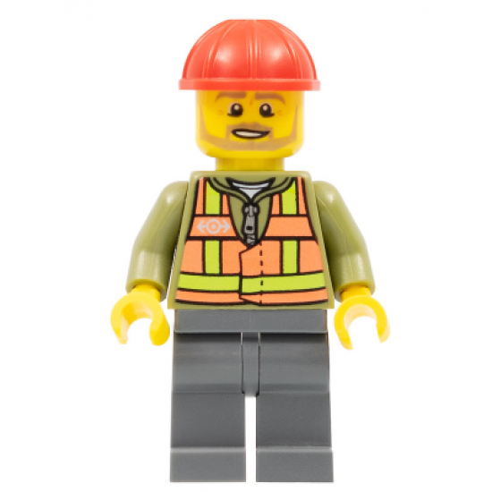 Light Orange Safety Vest, Dark Bluish Gray Legs, Red Construction Helmet, Beard Light Brown Angular
