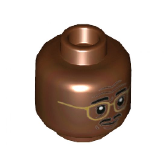 Minifigure, Head Dual Sided Gold Rimmed Glasses, Black Moustache Calm / Scared Pattern