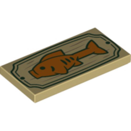 Tile 2 x 4 with Orange Fish on Wood Sign with Dark Green Border Pattern