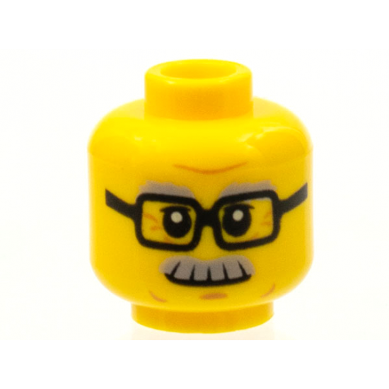 Minifigure, Head Light Bluish Gray Bushy Eyebrows and Moustache, Black Glasses, Medium Nougat Chin Dimple and Wrinkles, Slight Grin Pattern