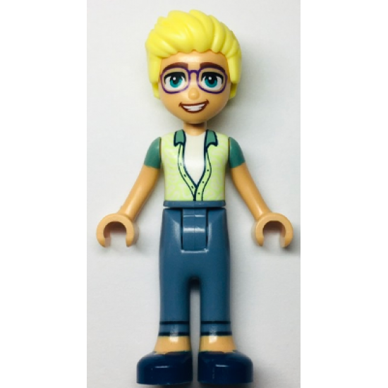 Friends Olly - Yellowish Green and Sand Green Unbuttoned Shirt, Sand Blue Trousers, Dark Blue Shoes